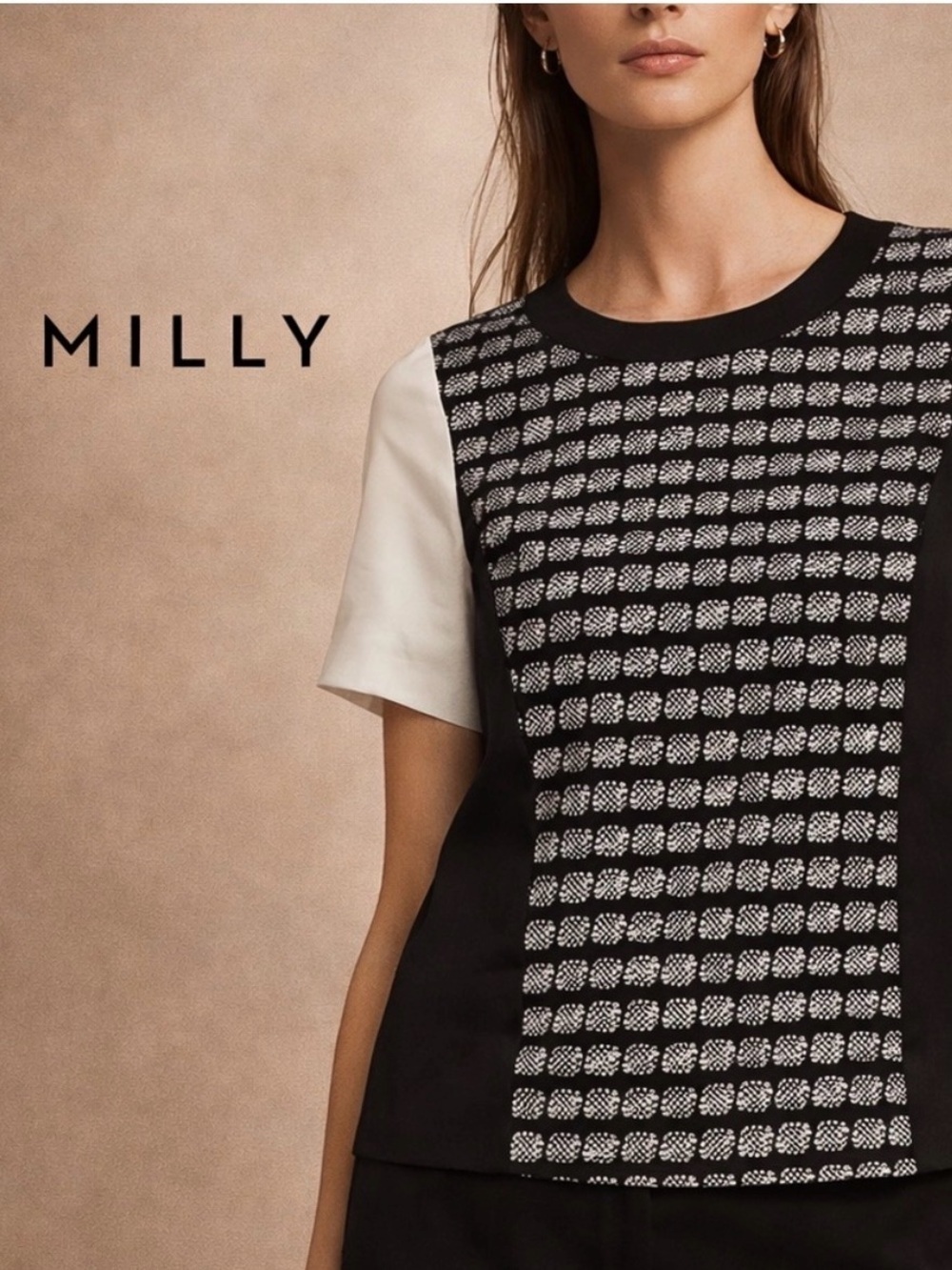 Milly Textured Colorblock Short Sleeve Top Black White Made USA Size P